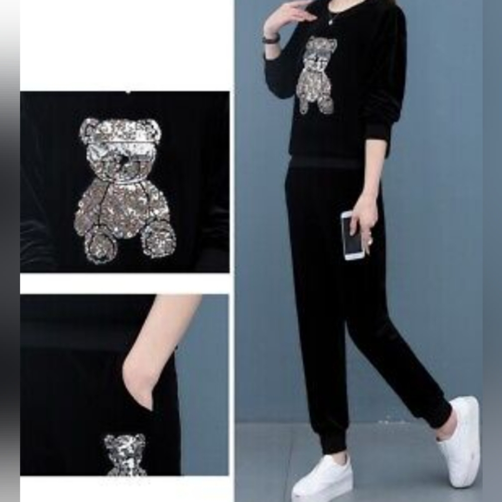 NEW ✨ women's fashion sequin bear velvet suit 2 piece set , size L